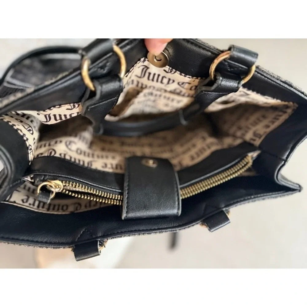 Juicy Couture Black Canvas Tote‎ Bag Rhinestone Logo Double Handle Shoulder Y2K.